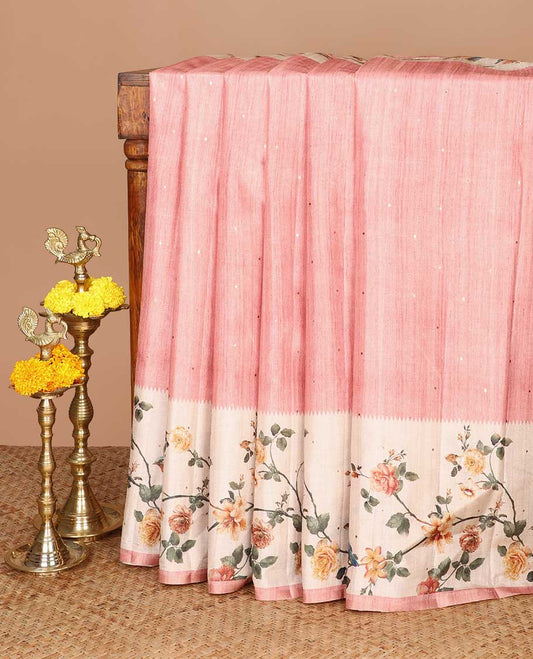 Peach zari butta fancy tussar saree with bird digital floral design border & digital print pallu along with floral print blouse