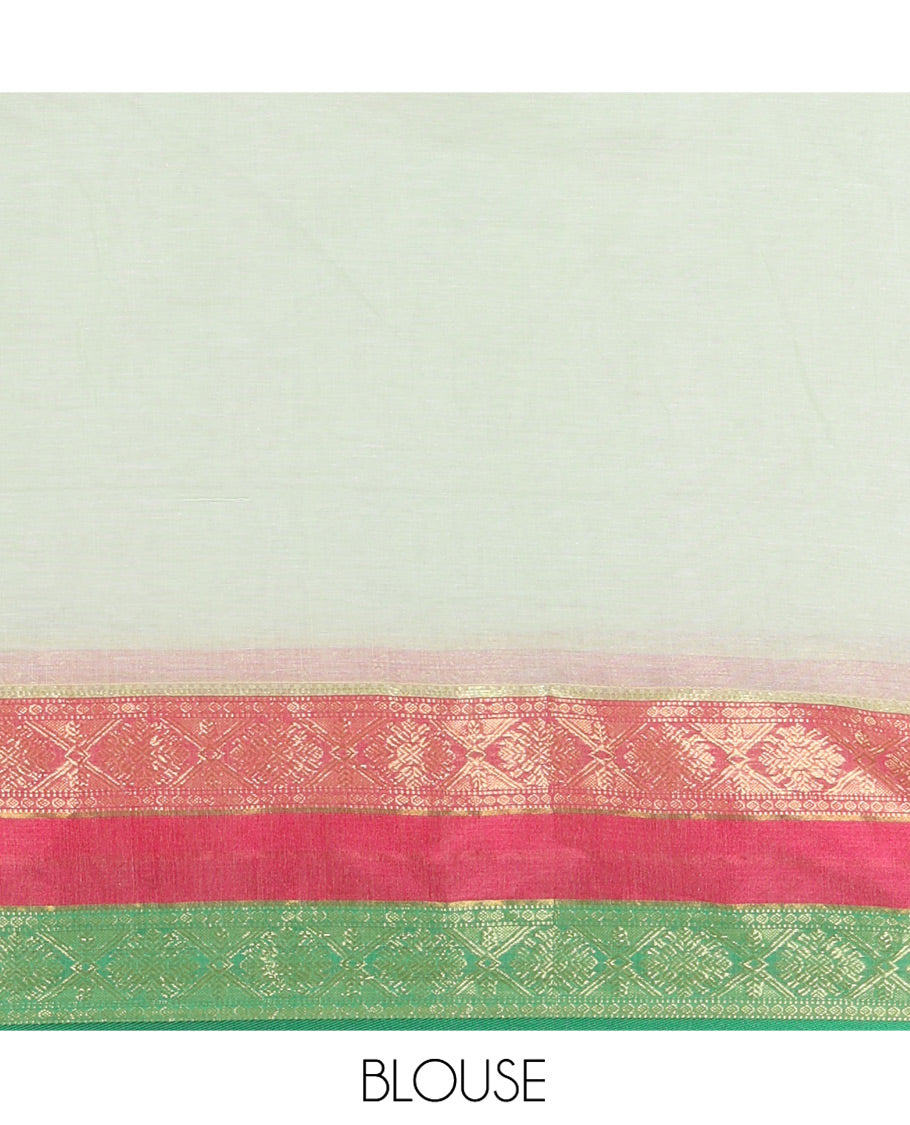 Green Plain Khadi Mul Cotton Saree, Complemented by a Contrast Rettai Pettu Traditional Diamond-Patterned Border, Plain Pallu, and Paired with a Matching Blouse