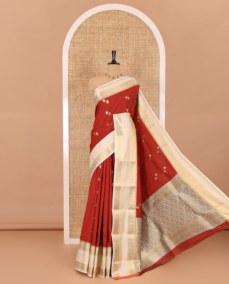 Red zari buttas soft silk saree , contrast peacock and mango zari weaving border , contrast weaving rich pallu and contrast Blouse