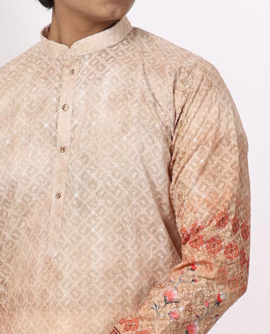 sandal floral jaal embroidered mandarin collar & full-sleeve long raw silk kurta 