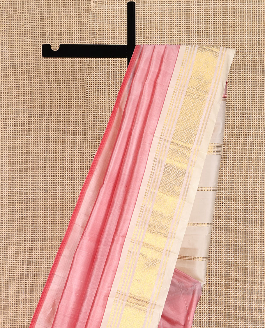 Pink Kanchipuram Silk Saree Featuring Zari Buttas, Complemented by a Contrast One-Sided Border of Panner Sombu, Banaras, and Jaal Design, Zari Design Pallu, and No Blouse