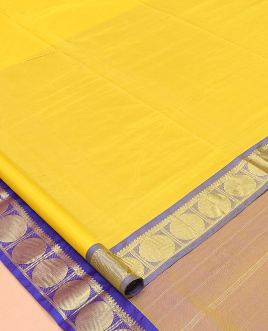 Yellow Plain Nine-Yard Saree, Complemented by a Contrast Rudraksham Border, Self-Pallu of Stripes, and No Blouse