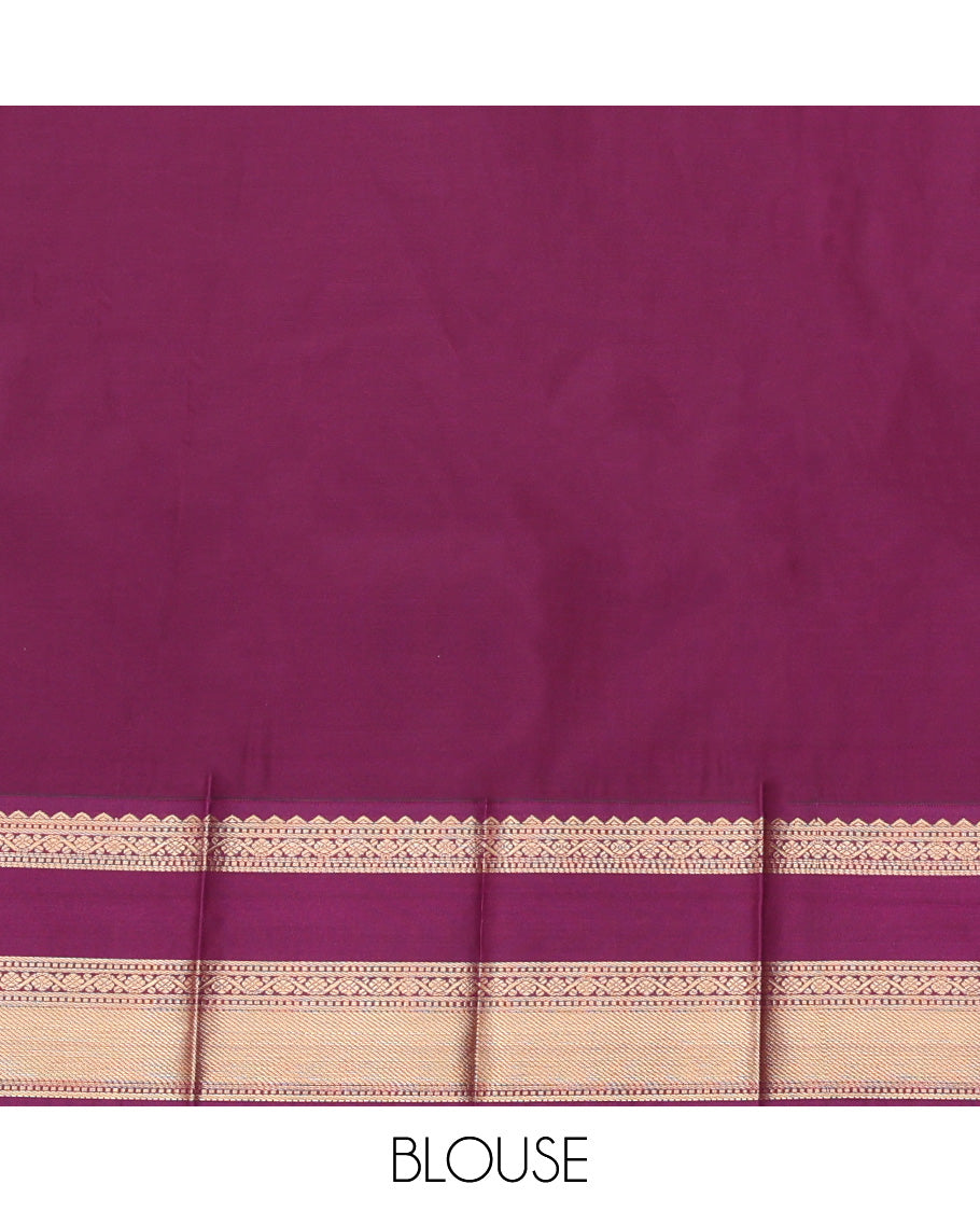 Orange Budget Silk Saree, Bedecked with Zari Buttas, a Contrast Traditional Zari Rettai Pettu Border, Grand Pallu, and a Contrast Blouse