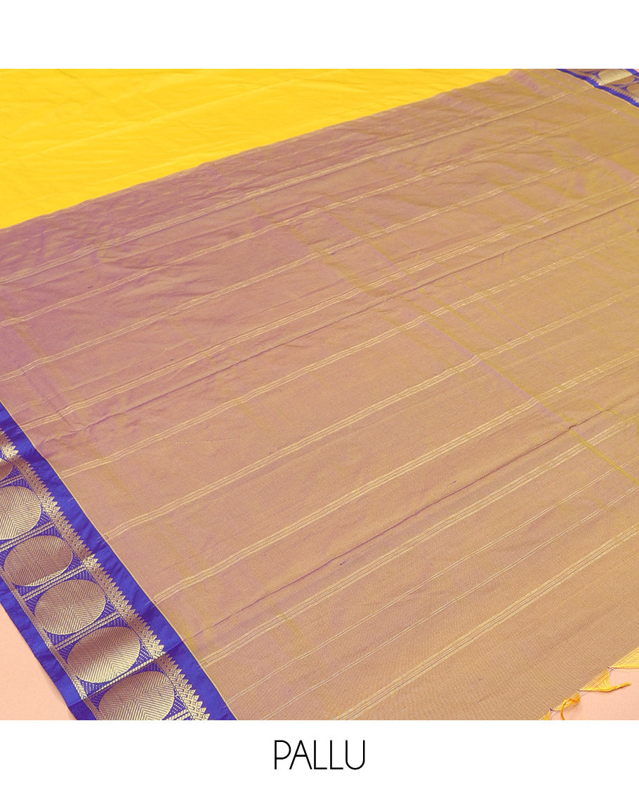 Yellow Plain Ten-Yard Saree, Complemented by a Contrast Rudraksham Border, Self-Pallu of Stripes, and No Blouse