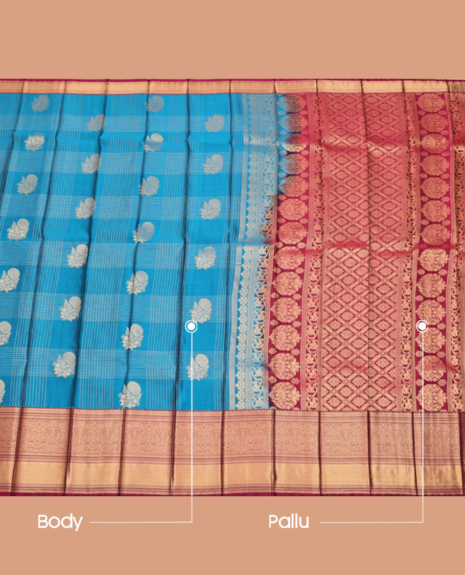 Blue Budget Silk Saree, Embellished with Floral Butta Enclosed Checks, Complemented by a Contrast Traditional Zari Border, Grand Jaal Pallu, and a Contrast Blouse