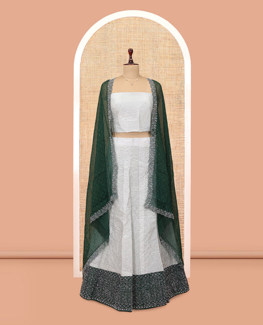 Grey Banarasi Half-Saree, Finely Crafted with Bead Work Skirt, a Contrast Stone Work Border, Matching Blouse, and Contrast Scallop Stone Work Dupatta
