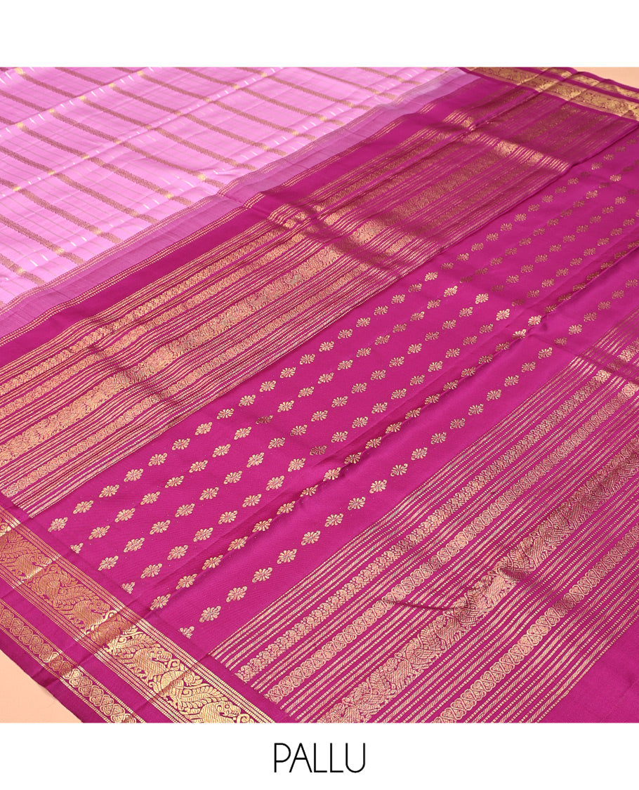 Pink Kanchipuram Designer Silk Saree, Majestically Detailed with Zari Stripes, Contrast Temple Border of Muthu, Banaras, Yaali, Mayil, and Jada Nagam, Geometric Pallu, and a Contrast Blouse