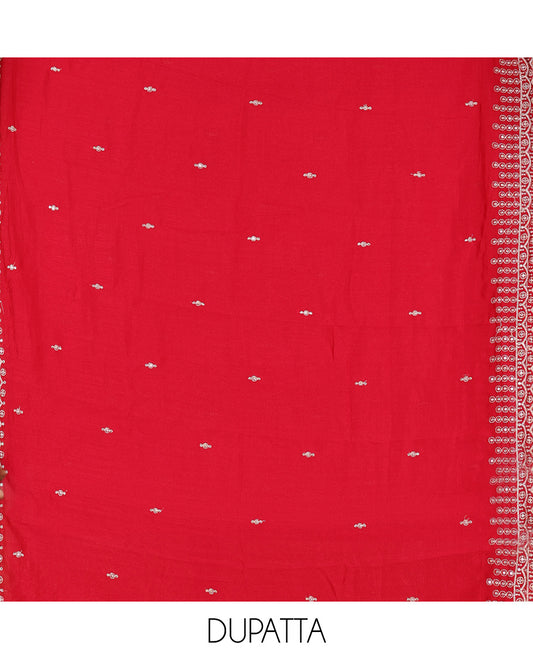 Red Vichitra Silk Material Chudiddar, Embroidered Top, Plain Bottom, Scallop Embroidered Dupatta