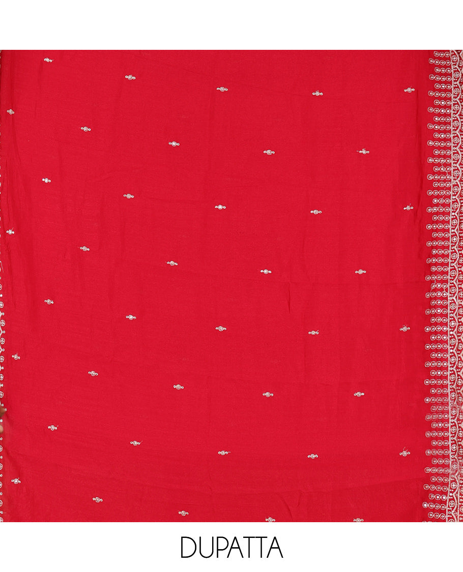 Red Vichitra Silk Material Chudiddar, Embroidered Top, Plain Bottom, Scallop Embroidered Dupatta