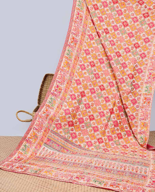 Multi-colored motifs enclosed with argyle design semi-banaras dola silksaree with contrast border & pallu of wedding design