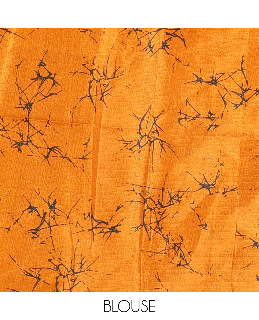 Peacock blue batik printed art Khadi cotton saree, batik printed border, batik printed pallu, and a contrast batik printed blouse