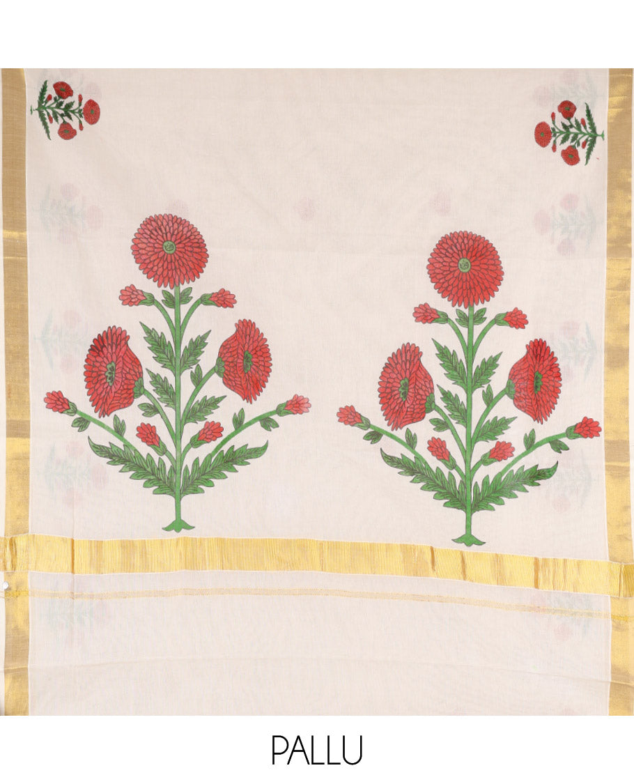 Cream Kerala Cotton Saree, Delicately Printed with Bunch of Floral Motifs Printed on Its Body, Subtle Zari Border, Pallu Features a Big Bunch of Floral Motifs Print, and Paired with a Matching Printed Blouse