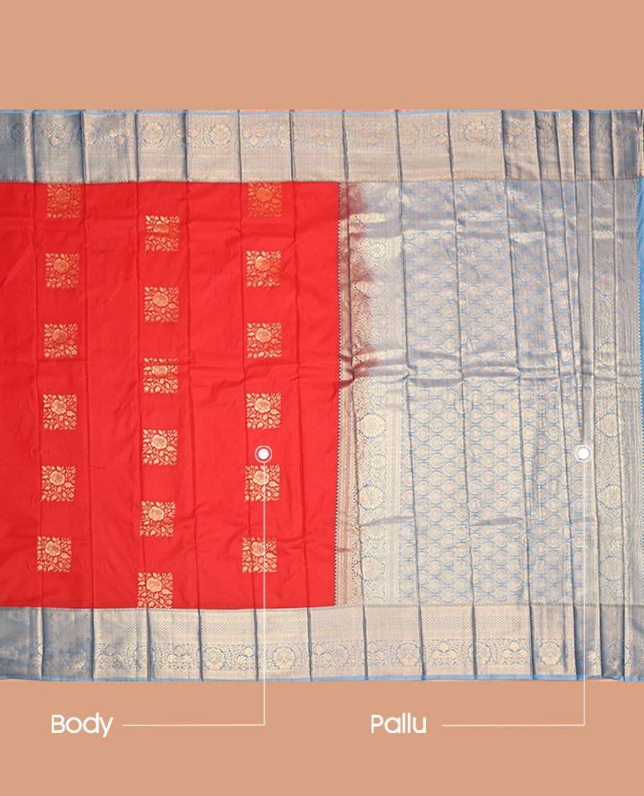 Red Budget Silk Saree, Spotlighted with Zari Buttas, Contrast Traditional Zari Border, Jaal Pallu, and a Contrast Blouse