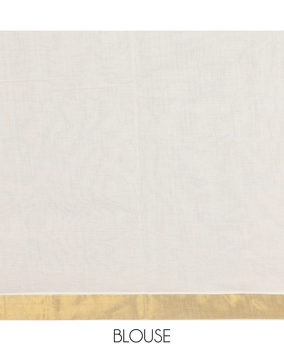 Half-white peacock feather motifs printed Kerala cotton saree, gold zari border, peacock feather printed pallu, and matching blouse