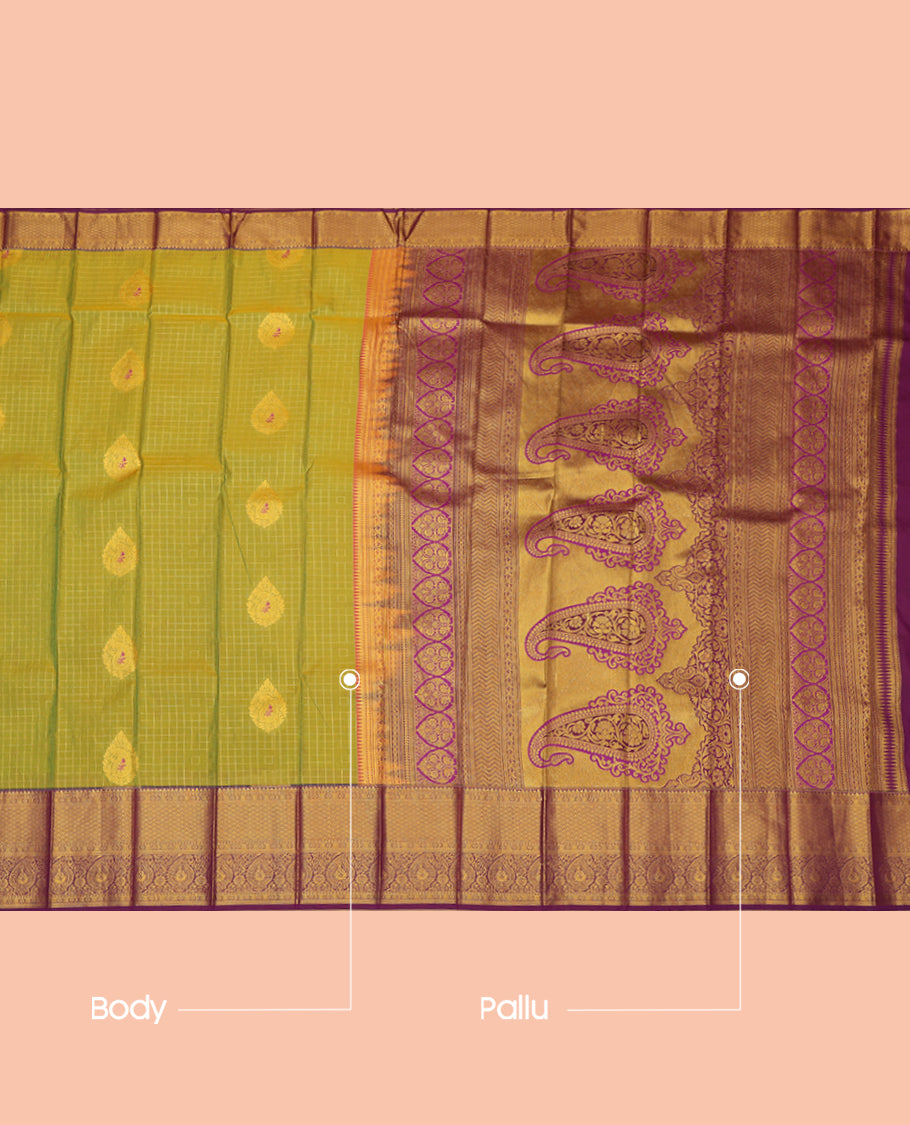 Green Budget Silk Saree Showcasing Zari Buttas and Checks, a Contrast Traditional Zari Border, Grand Pallu, and a Contrast Blouse