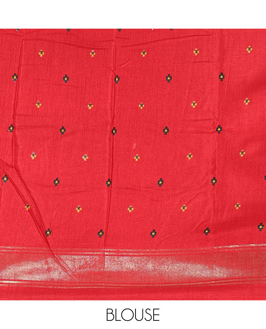 Half-white and red buttas enclosed jaal patterned patola-inspired pochampally dola silk saree, contrast red zari border, patola elephant pallu, and contrast blouse