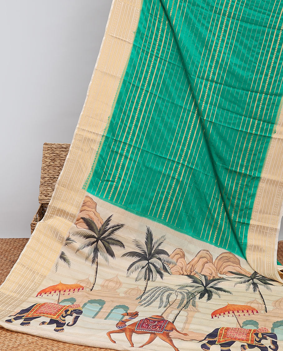 Green striped design  mysore silk saree with contrast zari border & rajasthan theme printed pallu