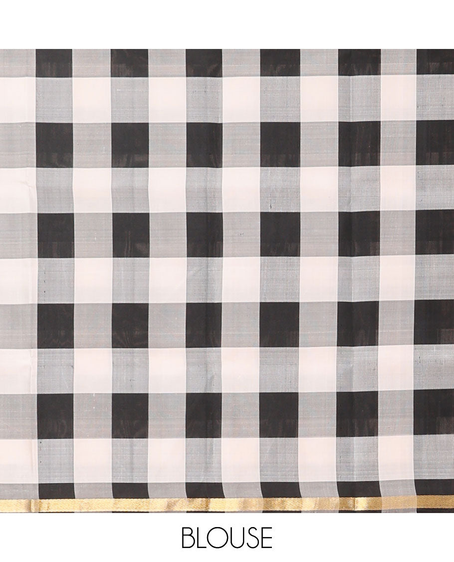 Pink plain design soft silk saree, contrast multi-colored checked design border & pallu