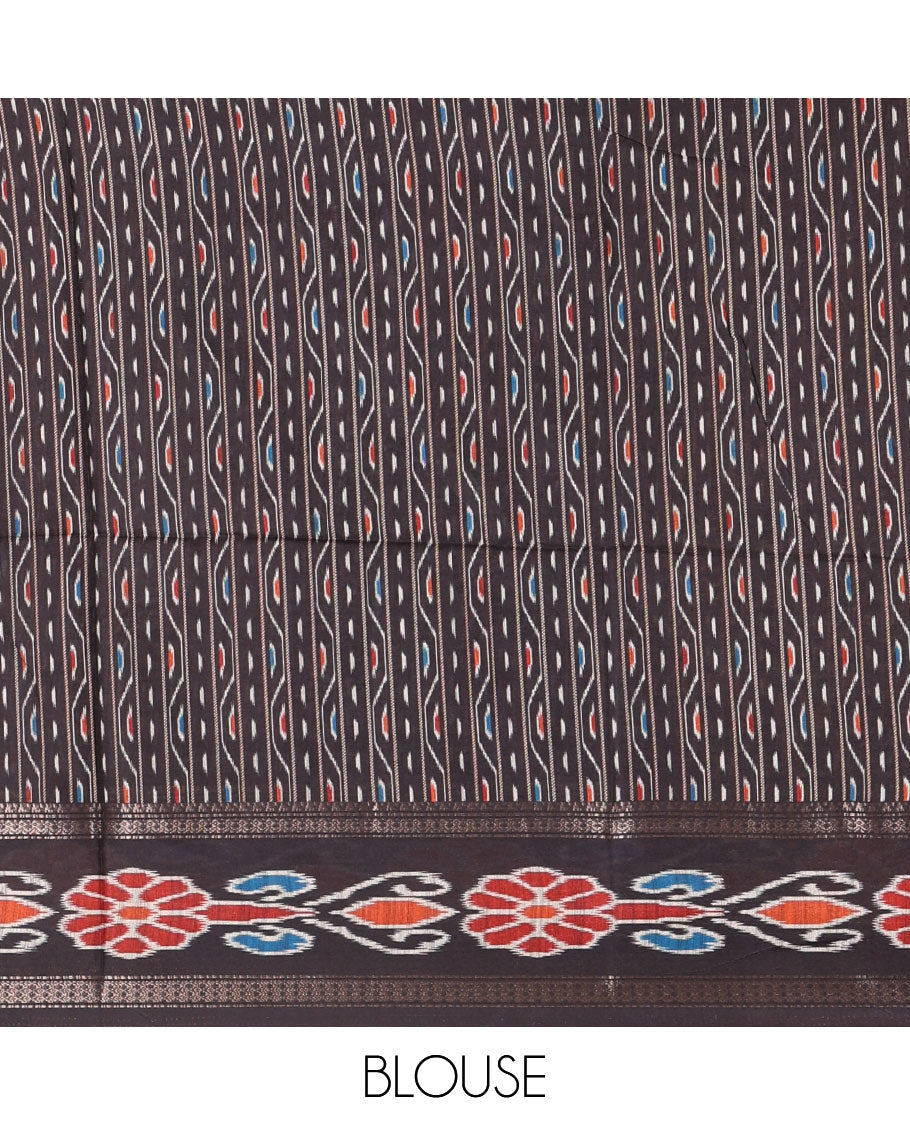 Tomato pink plain Katan silk saree, contrast temple ikkat floral printed border, ikkat floral printed pallu, and ikkat printed blouse