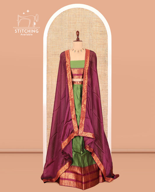 Green-Wine Semi-Banarasi Half-Saree Features Plain Skirt, Contrast Floral Creeper Zari Border, Matching Blouse, Contrast Dhavani