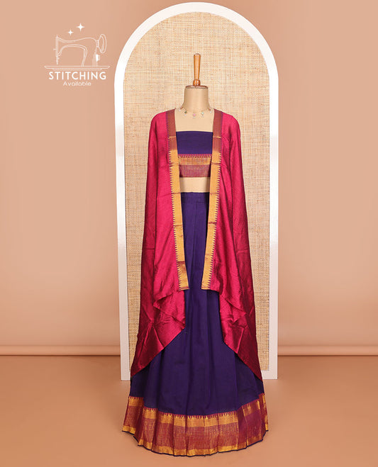 Purple cotton half saree with contrast traditional zari design border, zari design blouse & plain, zari design border dhavani