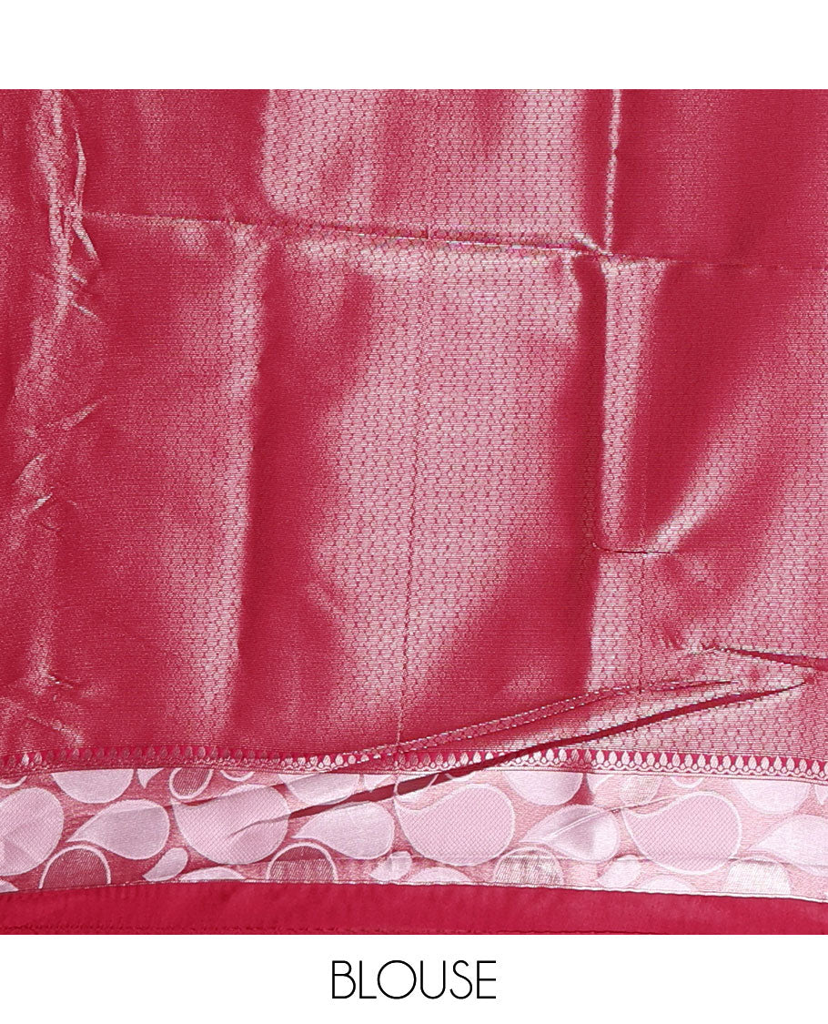 Pink jacquard kanchi silk saree, contrast border, and pallu steeped with paisley motifs with contrast zari design blouse