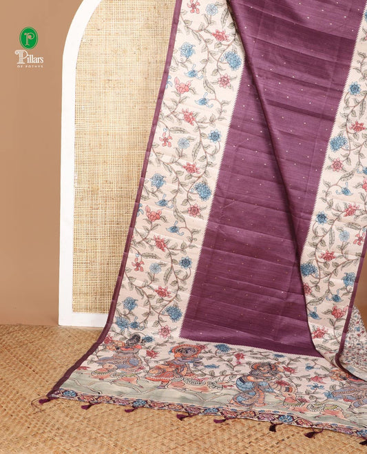 Purple zari butta fancy tussar saree with kalamkari style border & kalamkari pallu along with printed blouse