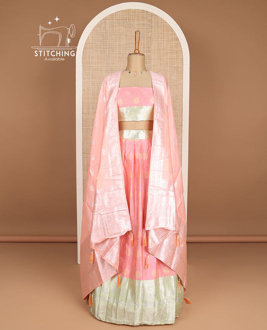 Peach floral design half saree with contrast zari design border , zari design blouse & floral zari design dhavani