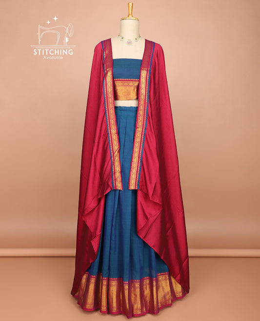 Ink blue cotton half saree with contrast traditional zari design border, floral design blouse & floral design border dhavani