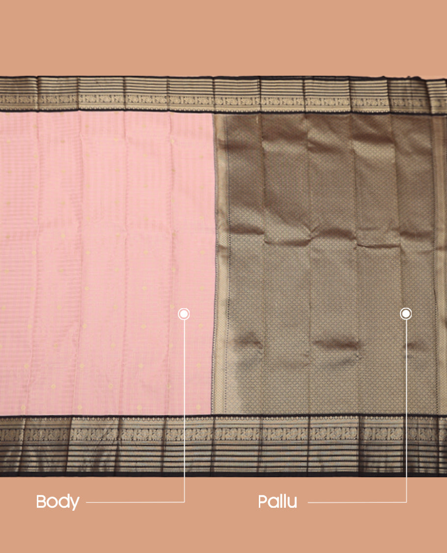Pink Budget Silk Saree, Prettified with Zari Buttas and Checks, Complemented by a Contrast Traditional Zari Border, Grand Pallu, and a Contrast Blouse