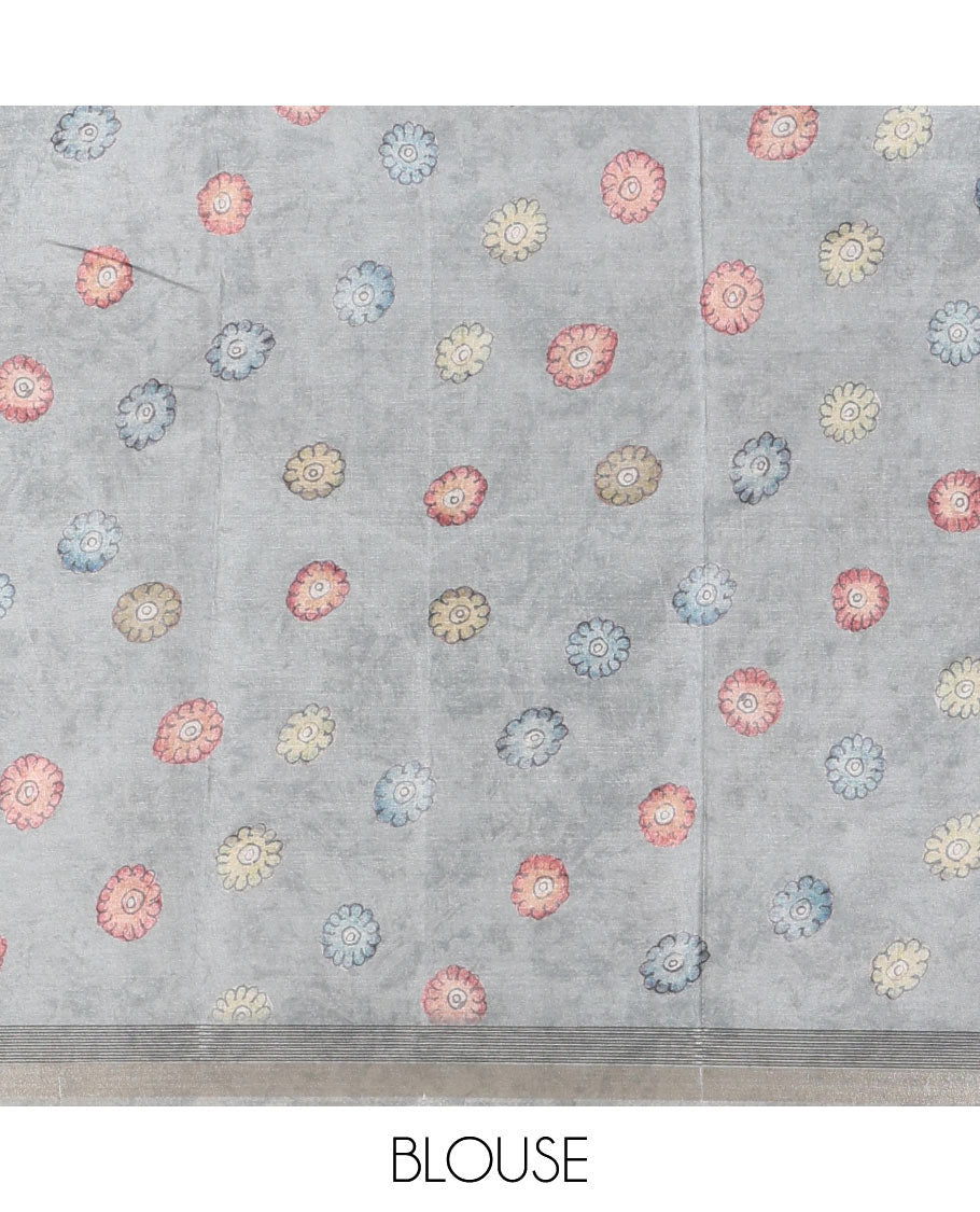 Cream-base multi-color kalamkari floral-vine and peacocks printed semi-tussar saree, gold zari piping border, kalamkari printed pallu, and contrast printed blouse