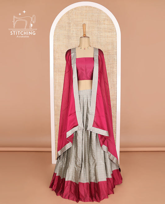 Beige checked poly-cotton half saree with contrast border, plain blouse & plain, checked border dhavani