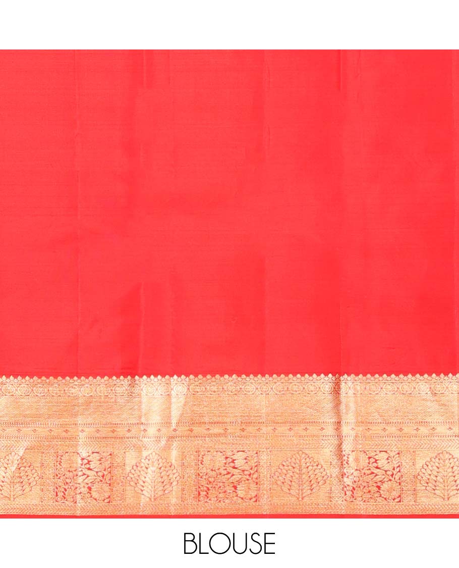 Red floral jacquard kancheepuram silk aree with self intricate zari border & floral zari design pallu