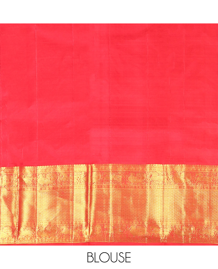 Red Kanchipuram Wedding Silk Saree, Beautifully Bedecked with Floral Jacquard Design on Its Body, Highlighted by a Zari Border of Salngai, Rudraksham, Mayil, Kuthirai, and Jaal Designs, Grand Jaal Pallu, and Paired with a Matching Blouse
