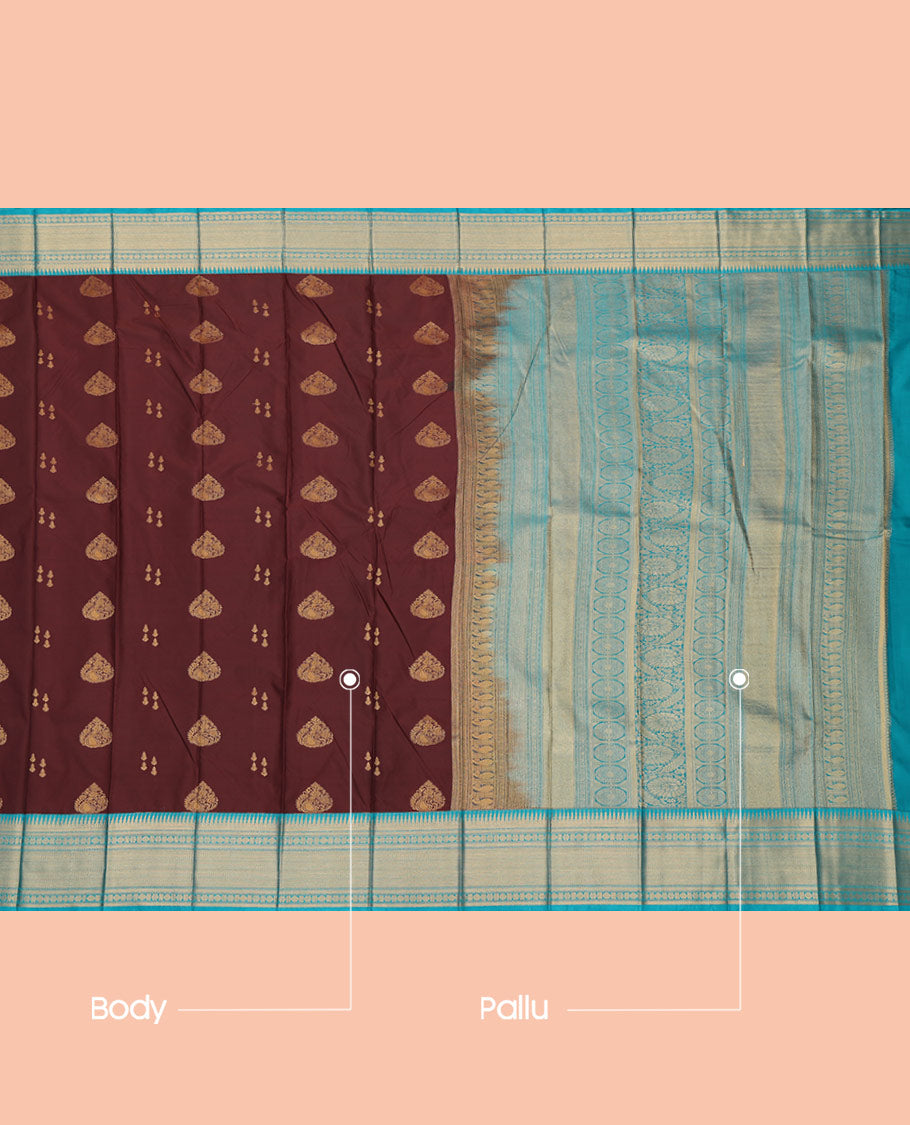 Brown Budget Silk Saree, Ornamented with Zari Buttas, a Contrast Traditional Zari Border, Grand Pallu, and a Contrast Blouse