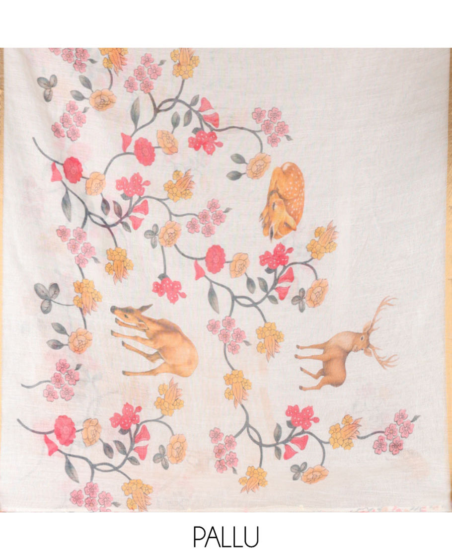 Cream Linen Cotton Saree, Adorned with Floral Vine and Deer Motifs All Over Its Body, Subtle Piping Border, a Self-Pallu, and Paired with a Matching Blouse