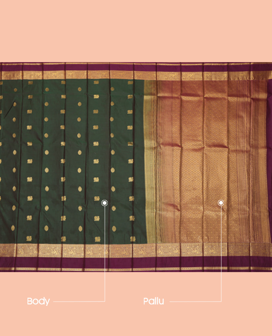 Green Budget Silk Saree, Crafted with Zari Buttas, a Contrast Traditional Zari Rettai Pettu Border, a Jaal Pallu and a Contrast Blouse