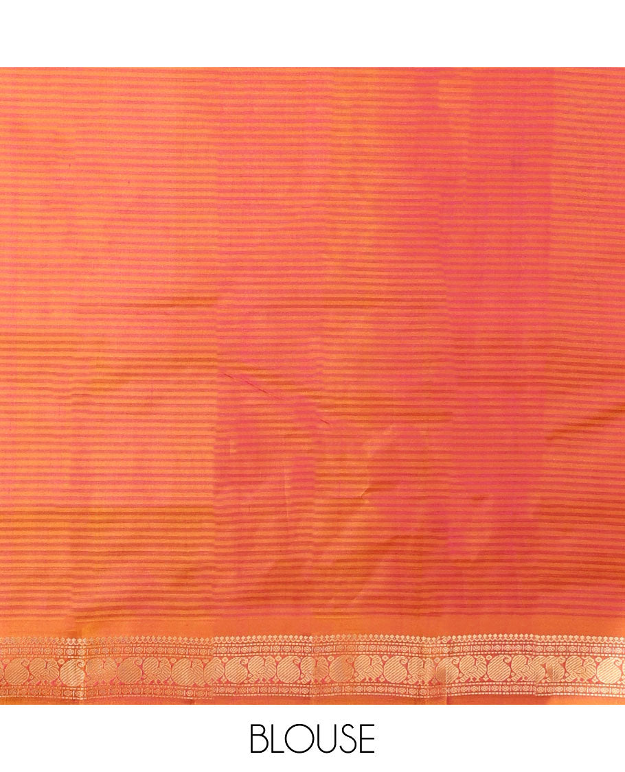 Pink striped flower buttas kancheepuram silk saree with contrast border of sombu, banaras, paisley design & zari design pallu