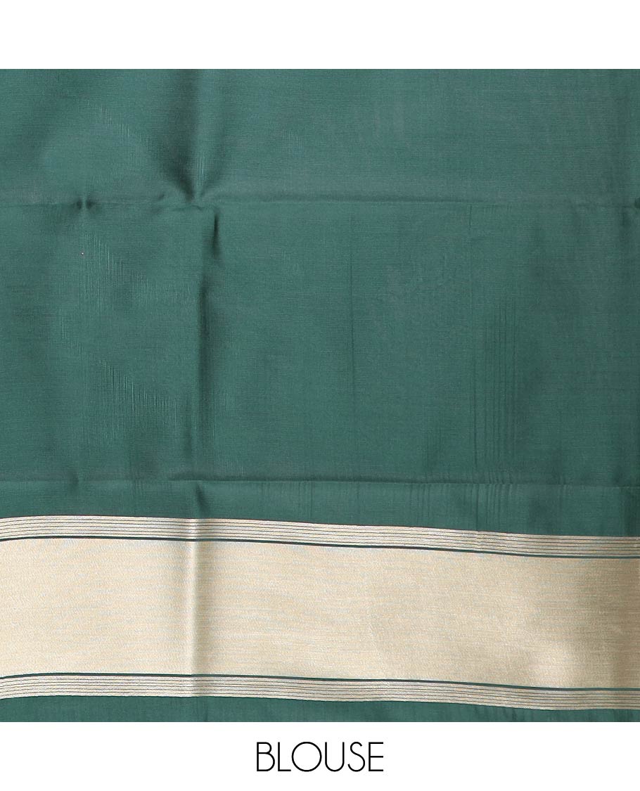 Gold with green color gold zari brocade, thread butta design banaras tissue saree with contrast temple border & lining chit pallu along with plain blouse