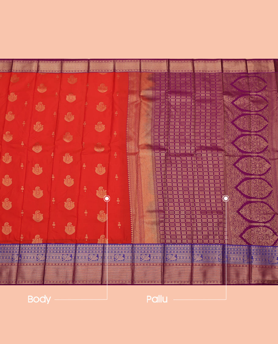 Rust Budget Silk Saree, Adorned with Zari Buttas All Over Its Body, Complemented by a Contrast Traditional Zari Border, Grand Zari Checked Pallu, and Paired with a Contrast Blouse