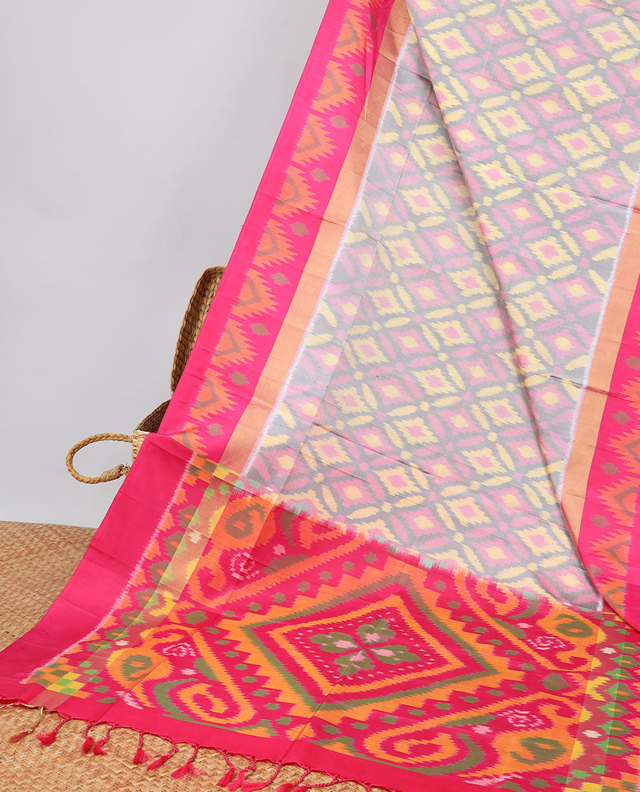 Multi-color ikkat style jaal design soft silk saree with contrast temple design border & ikkat style floral design pallu
