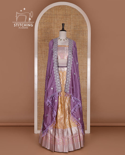 Peach-light lavender banaras tissue half saree, jacquard with contrast traditional zari bordered skirt, matching blouse, and Vichitra silk embroidered dhavani