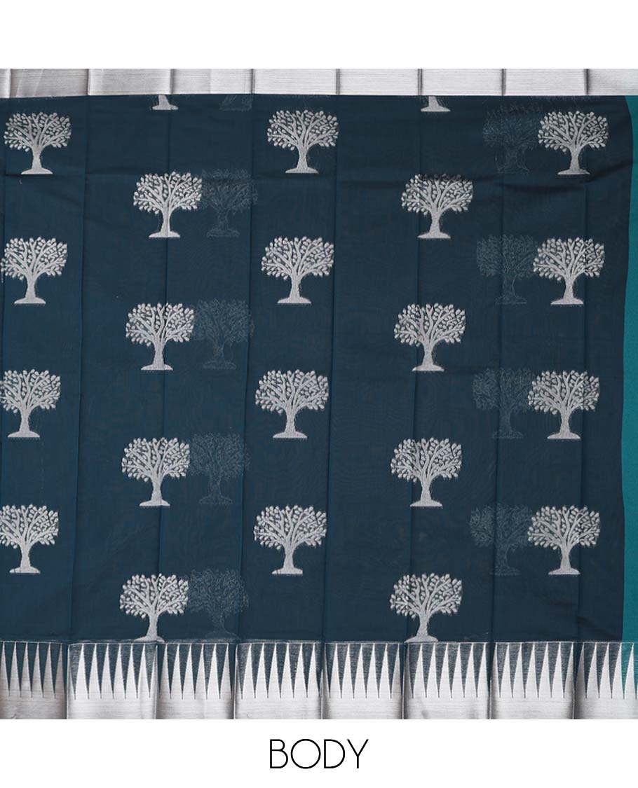 Dark blue tree design kora cotton saree with contrast temple border & floral design pallu