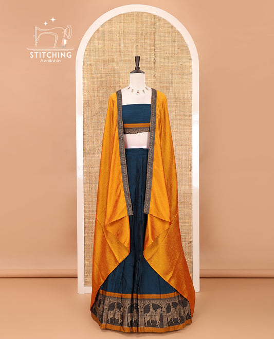 Blue with mustard mercedised cotton half-saree, contrast elephant zari border skirt, matching blouse & one side border georgette dhavani