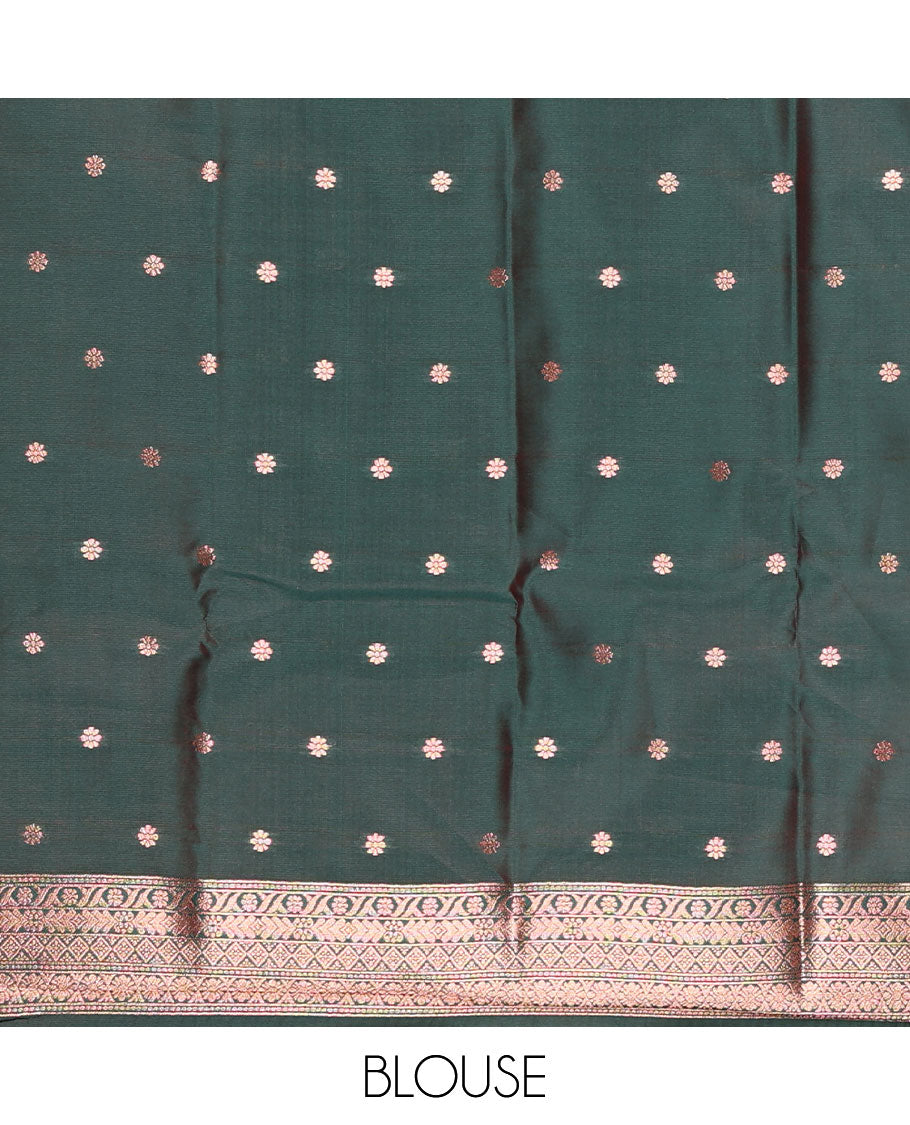 Borderless pink stripes and zari floral buttas elite soft silk saree, contrast ogee patterned zari pallu, and contrast zari design blouse