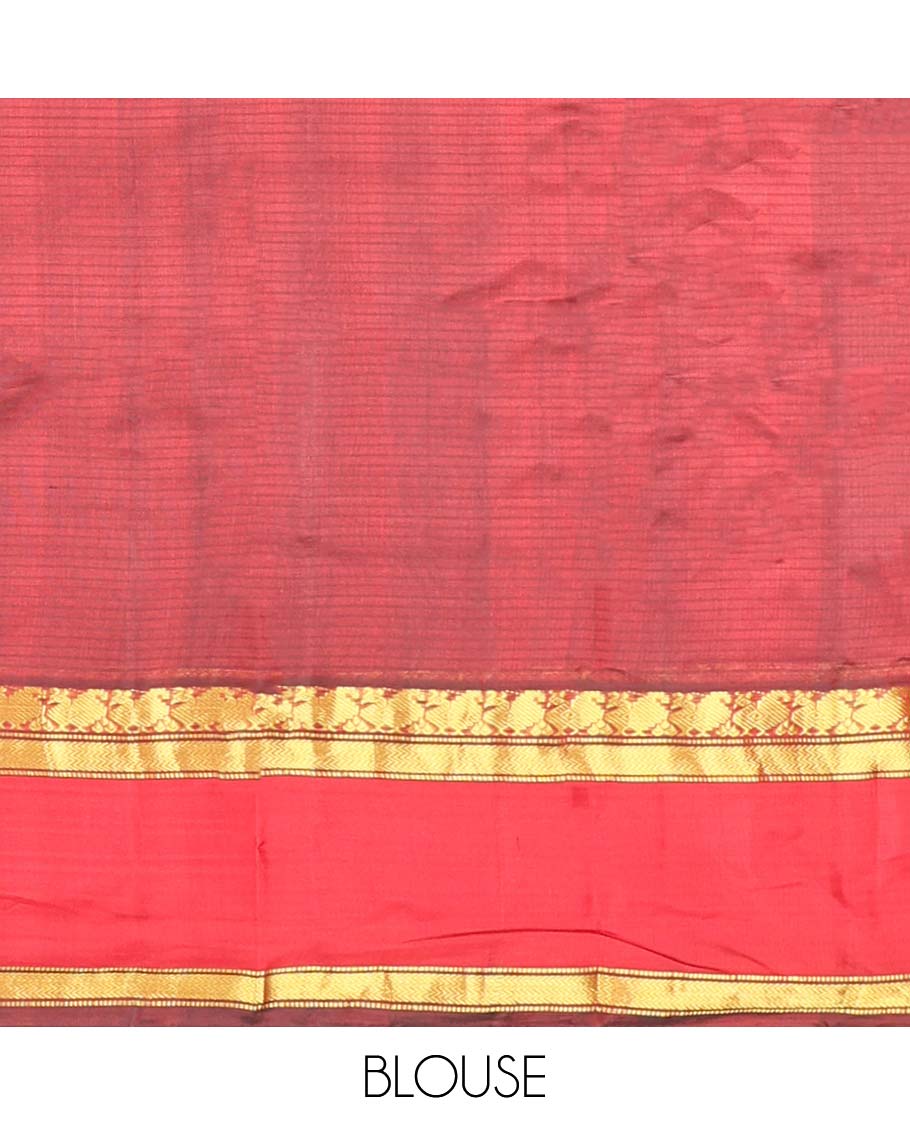 Brown kancheepuram silk saree with contrst border of banaras, muthu design & intricate zari design pallu