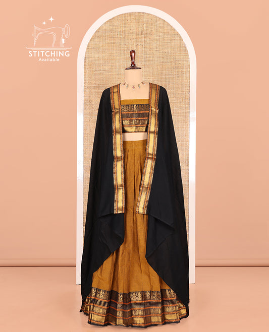 Mustard-Black Chettinad Cotton Half-Saree, Contrast Traditional Zari Bordered Skirt, Matching Blouse, and a Contrast Dhavani