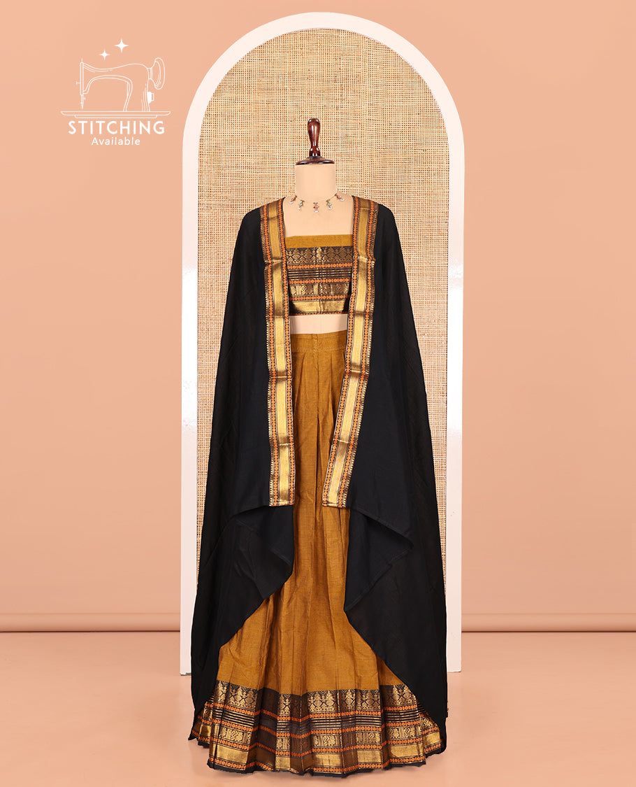 Mustard-Black Chettinad Cotton Half-Saree, Contrast Traditional Zari Bordered Skirt, Matching Blouse, and a Contrast Dhavani