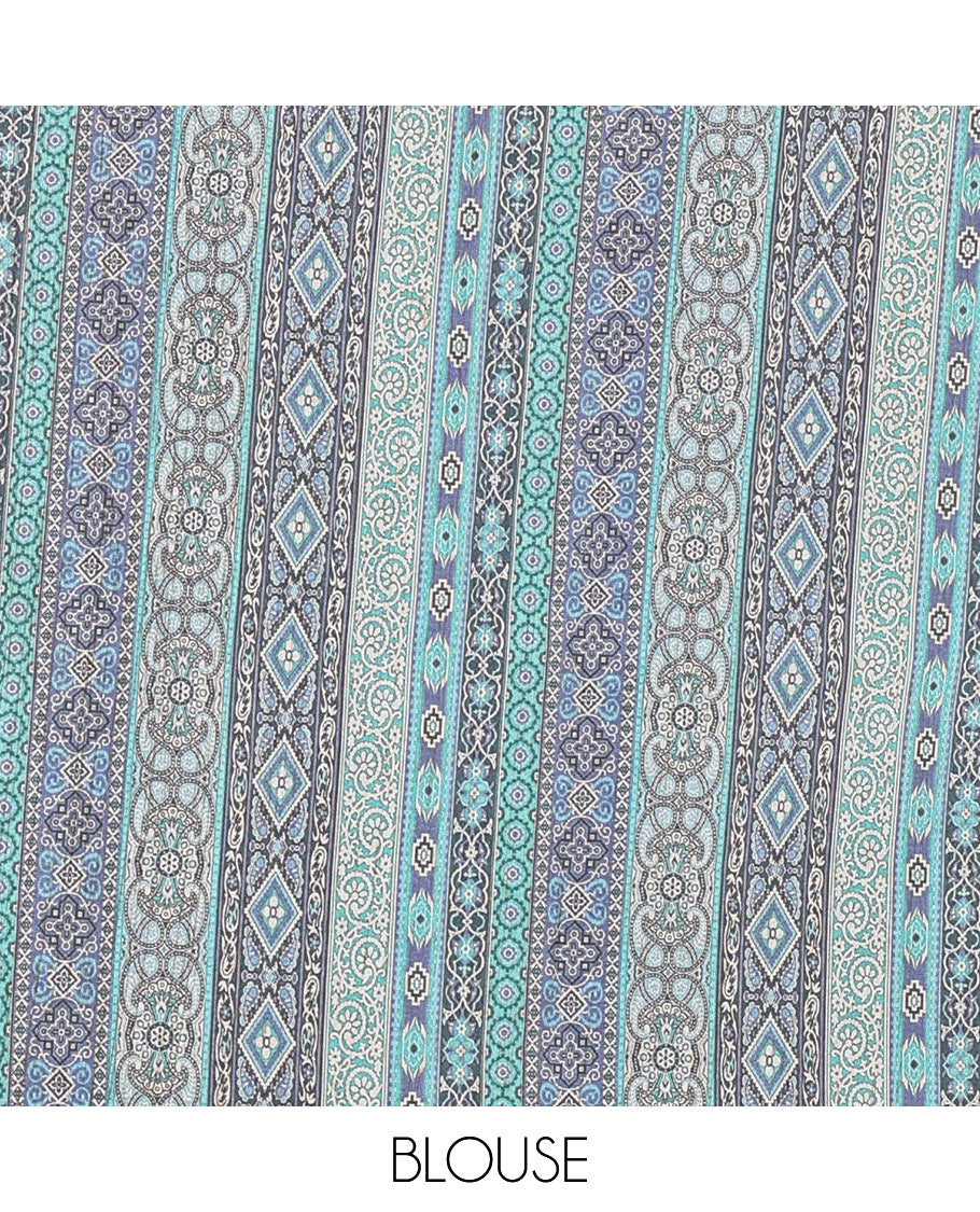 Chikku and blue plain Khicha Tussar saree, temple border of intricate Ajrakh print, Ajrakh printed pallu, and contrast Ajrakh printed blouse