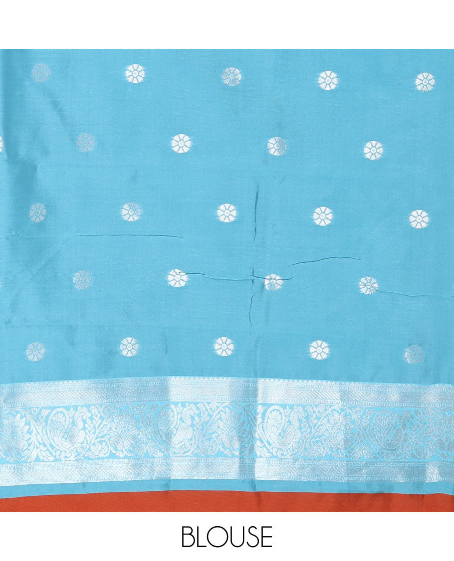 Rust vertical striped & parrot motifs kanchi silk saree, contrast satin temple border, zari-rich jaal pallu & contrast zari design blouse